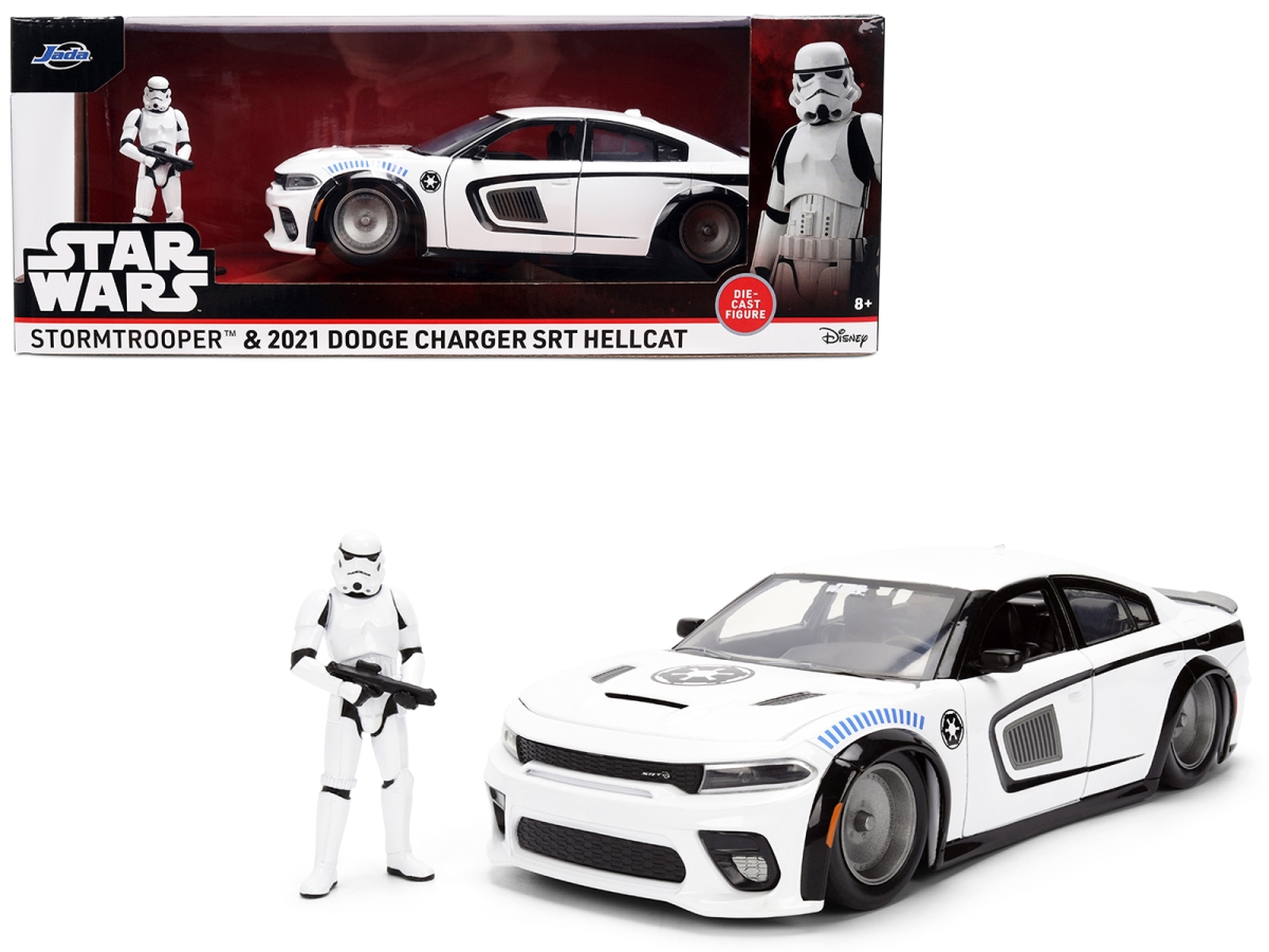 Jada  2021 Dodge Charger SRT Hellcat White with Graphics & Stormtrooper Figure Star Wars Franchise Hollywood Rides Series 1-24 Scale Diecast Model Car