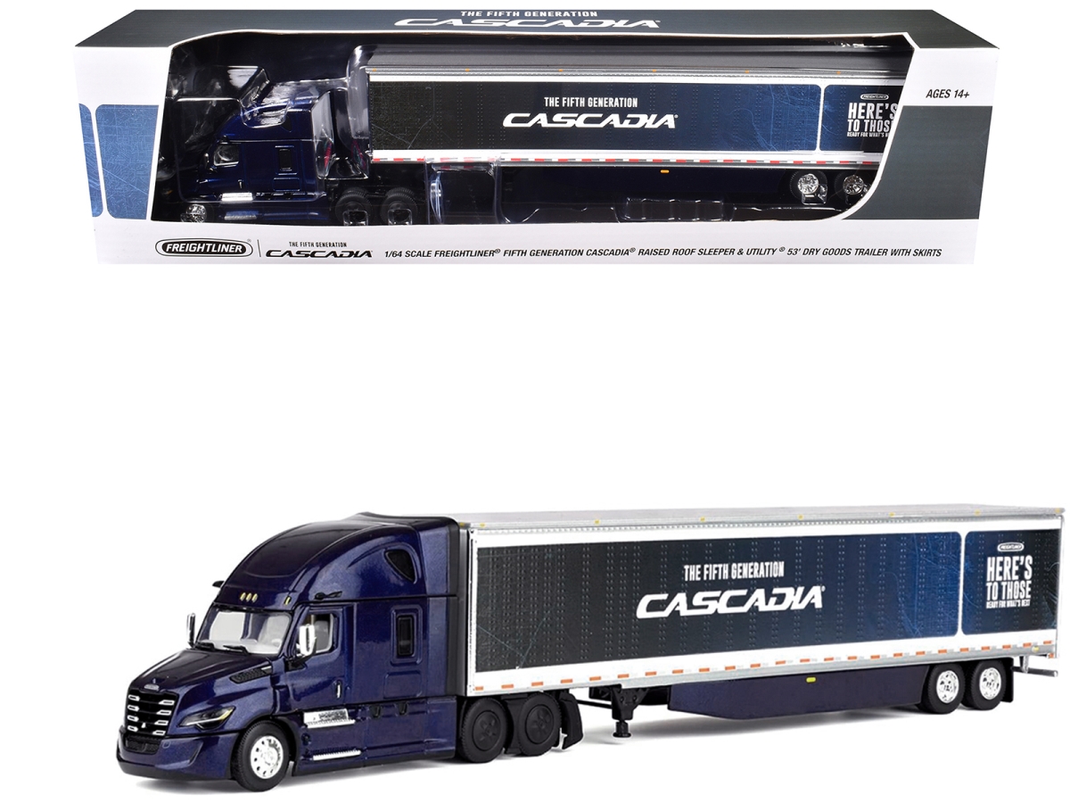 60-1999 53 ft. Freightliner Fifth Generation Cascadia Raised Roof Sleeper & Utility Trailer with Skirts Midnight Blue 1-64 Scale Diecast Model Truck