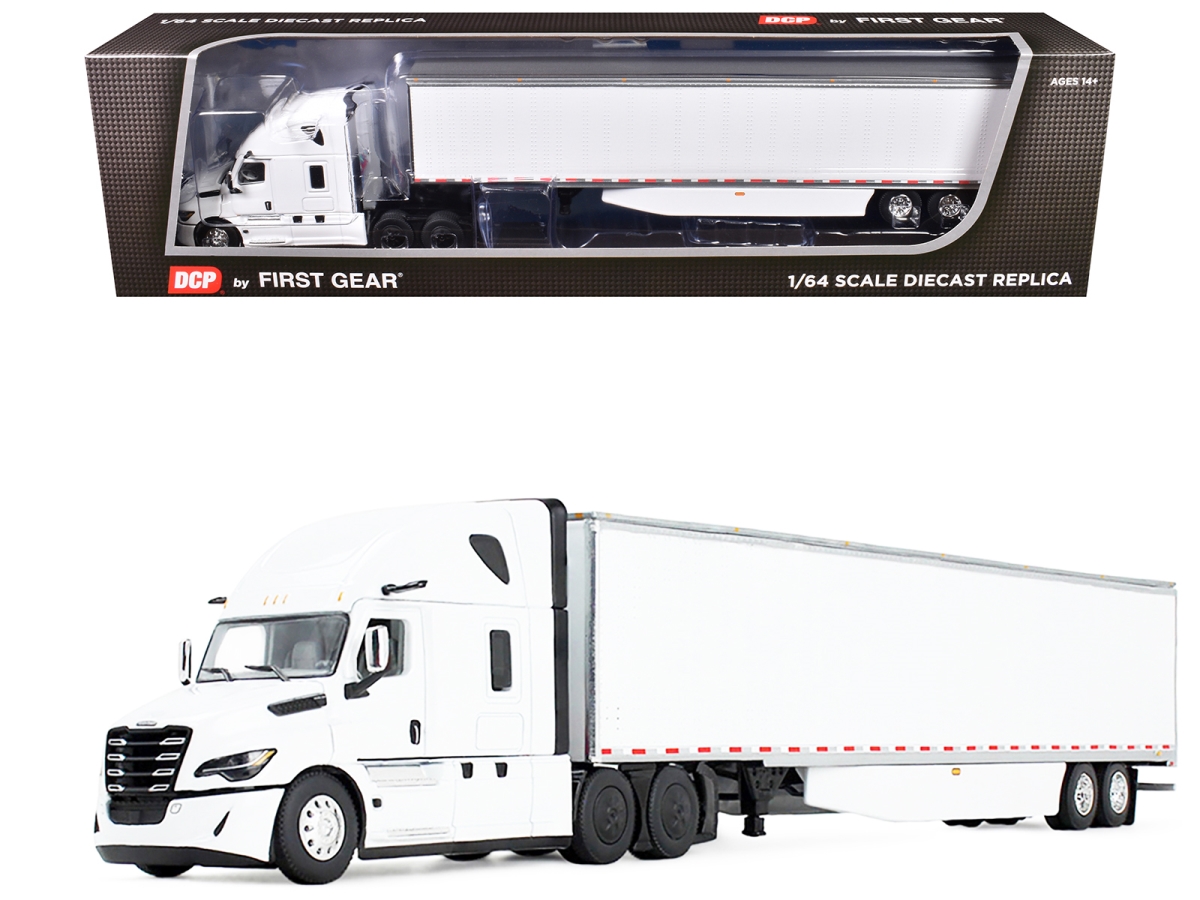 60-2087 53 ft. Freightliner Fifth Generation Cascadia Raised Roof Sleeper & Utility Trailer with Skirts White 1-64 Scale Diecast Model