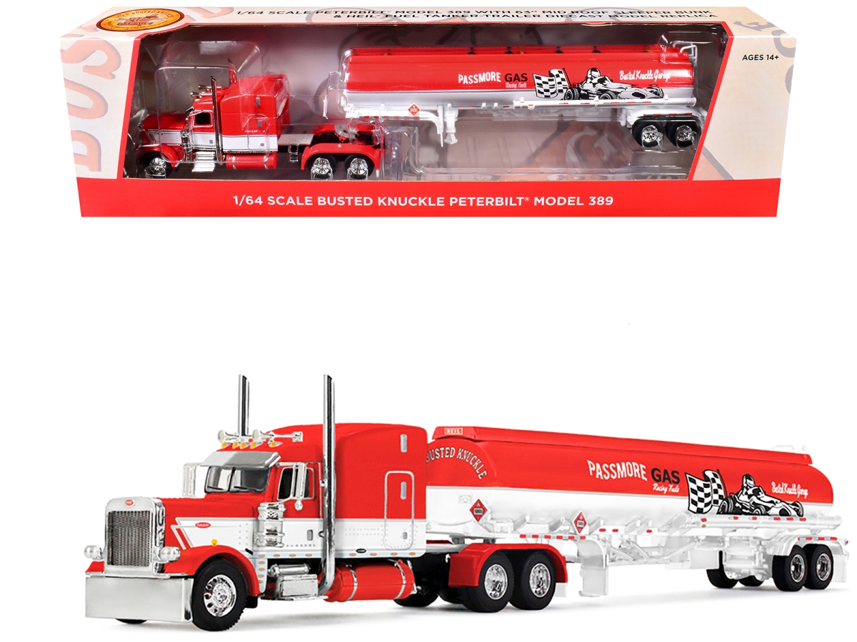 60-2146 Peterbilt 389 with 63 Mid-Roof Sleeper & Heil Fuel Busted Knuckle Garage Red & White 1-64 Scale Diecast Model Tank Trailer
