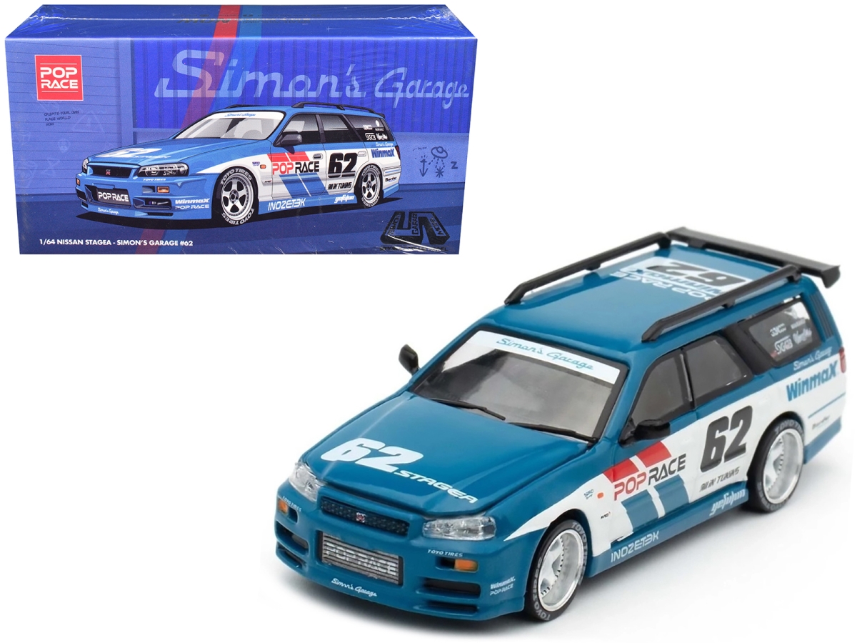 PR640171 Nissan Stagea Right Hand Drive No.62 Simons Garage Blue with White Sides 1-64 Scale Diecast Model Car