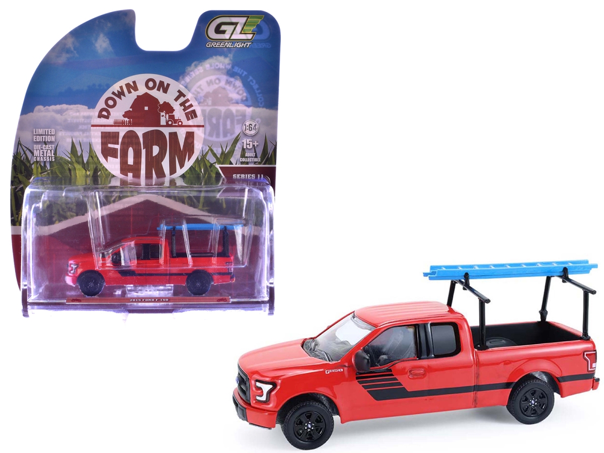 48110E 2015 Ford F-150 Pickup Truck with Ladder Rack Red with Black Stripes Down on the Farm Series 11 1-64 Scale Diecast Model