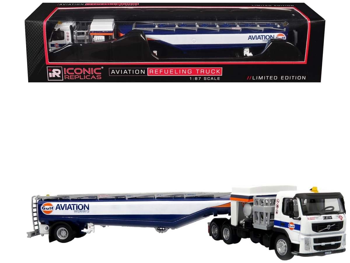 87-0638 Volvo FM500 with Esterer Aviation Refueling Tanker Truck Gulf Aviation White with Blue Stripes Limited Edition 1-87 HO Scale Diecast Model