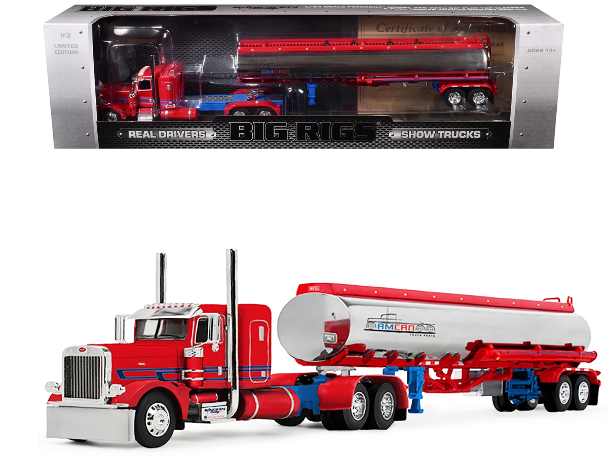 Peterbilt 389 with 36 Flat Top Sleeper & Heil Fuel Tank Trailer Sancken Custom Truck by Amcan Red Big Rigs Series II No.3 1-64 Scale Diecast Model