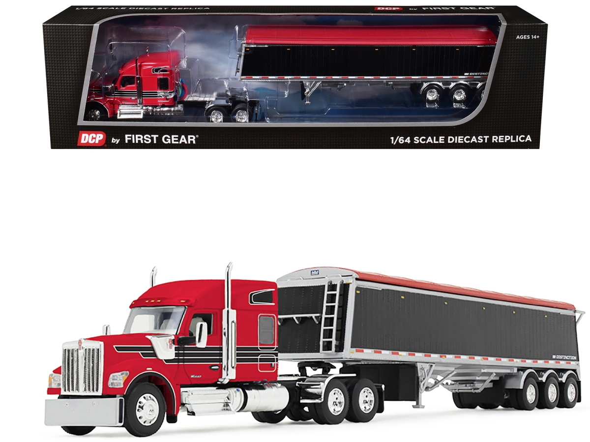 60-2176 Kenworth W990 with 76 Mid-Roof Sleeper & Lode King Distinction Hopper Trailer Red & Black 1-64 Scale Diecast Model