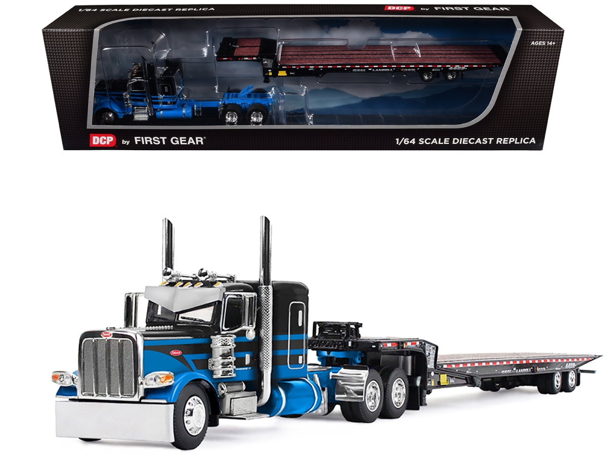 60-2190 Peterbilt 389 with 48 Flat Top Sleeper & Landoll 440B-50CA Traveling Axle Trailer Black with Blue Stripes 1-64 Scale Diecast Model