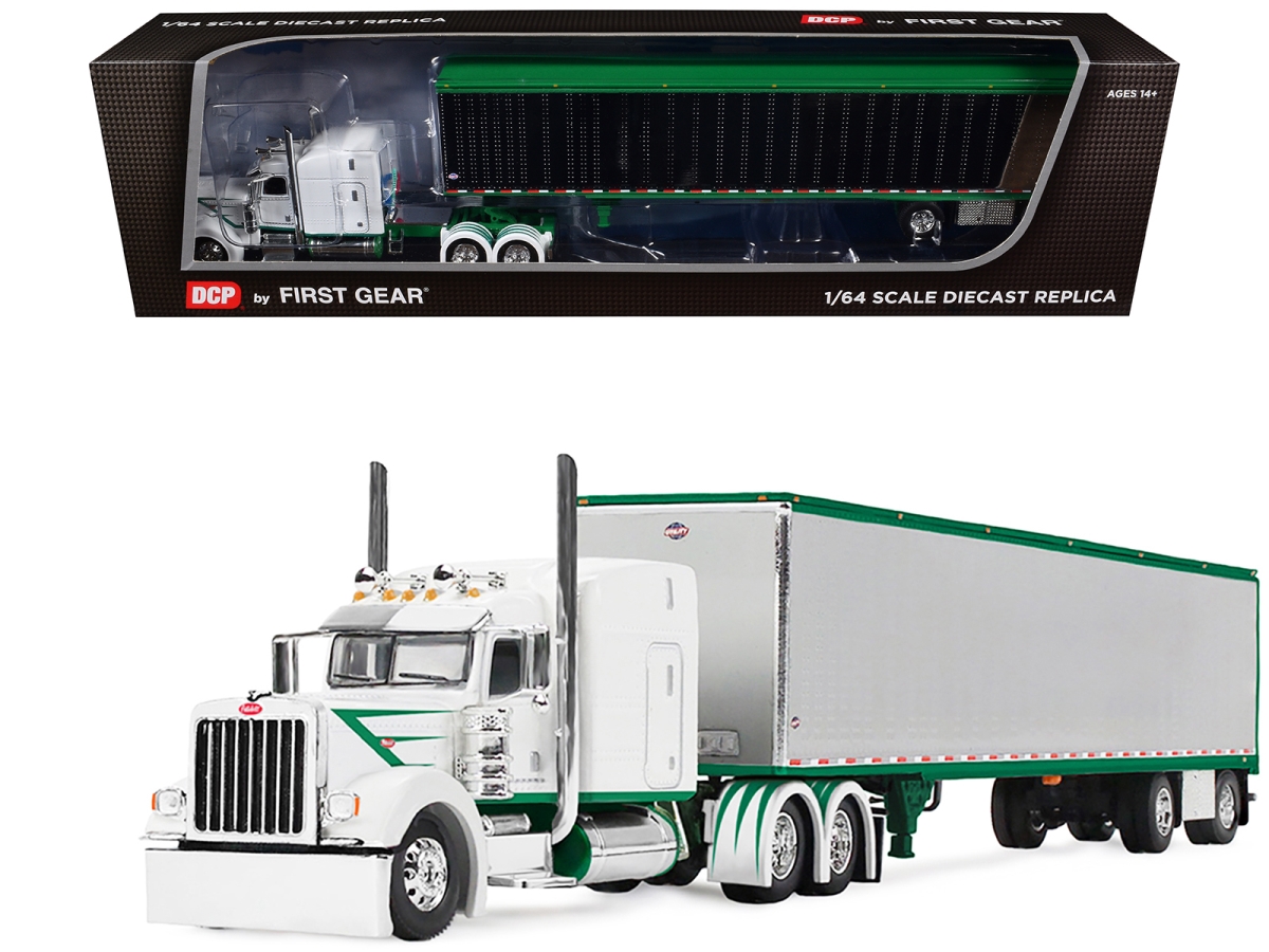 60-2192 Peterbilt 389 with 63 Mid-Roof Sleeper & 53 Utility Trailer White with Green Stripes 1-64 Scale Diecast Model