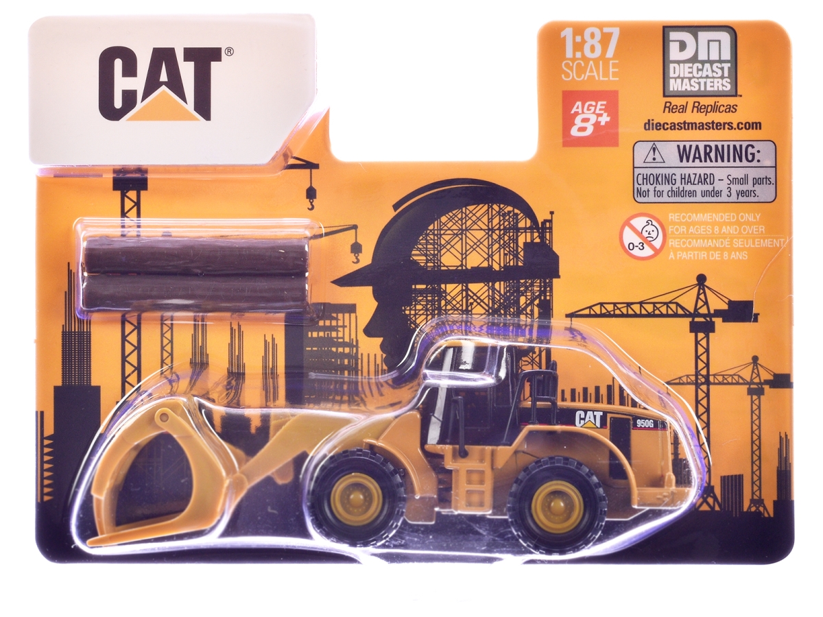 84661CS CAT Caterpillar 950G Wheel Loader Yellow with Log Fork & Wood Log Accessories 1-87 Scale HO Diecast Model