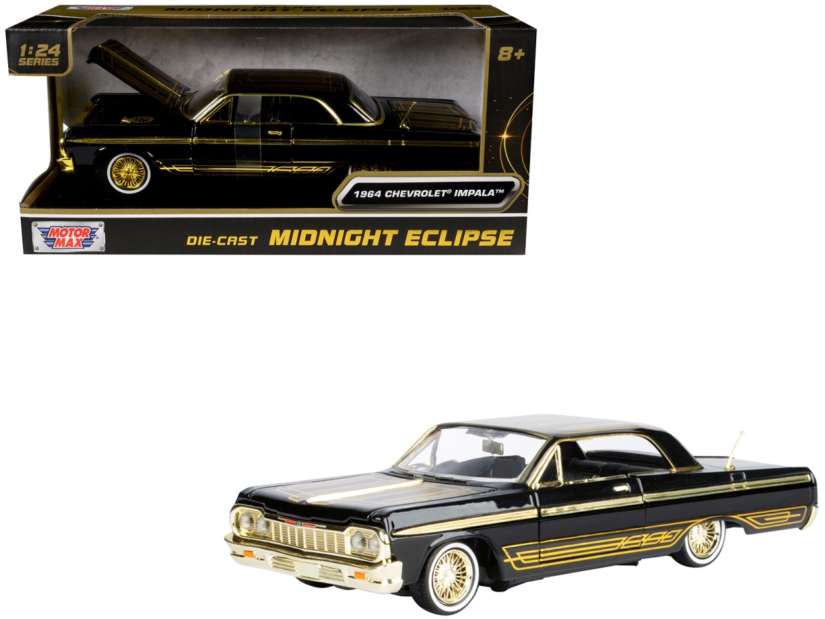 79202BK 1964 Chevrolet Impala Lowrider Black with Gold Graphics & Wheels Midnight Eclipse Series 1-24 Scale Diecast Model Car