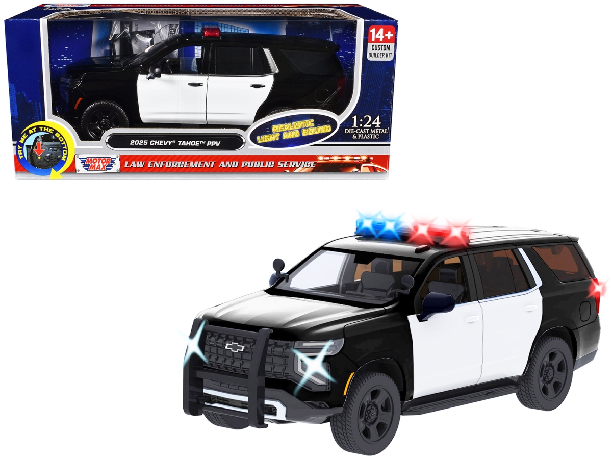 79623BKW 2025 Chevrolet Tahoe PPV Black & White Builders Kit with Flashing Light Bar & Front & Rear Lights & Sounds 1-24 Scale Diecast Model Car