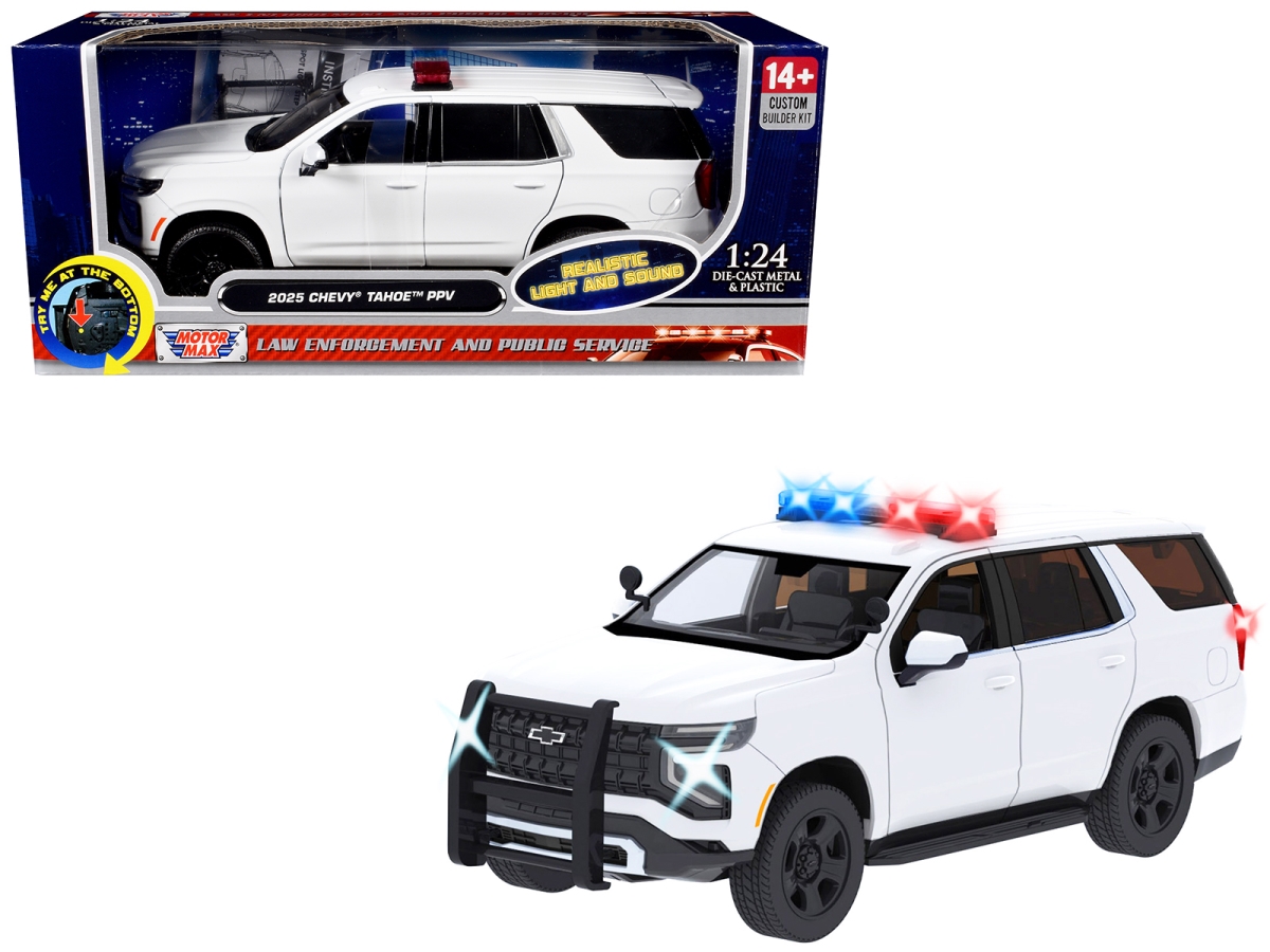 79623W 2025 Chevrolet Tahoe PPV White Builders Kit with Flashing Light Bar & Front & Rear Lights & Sounds 1-24 Scale Diecast Model Car