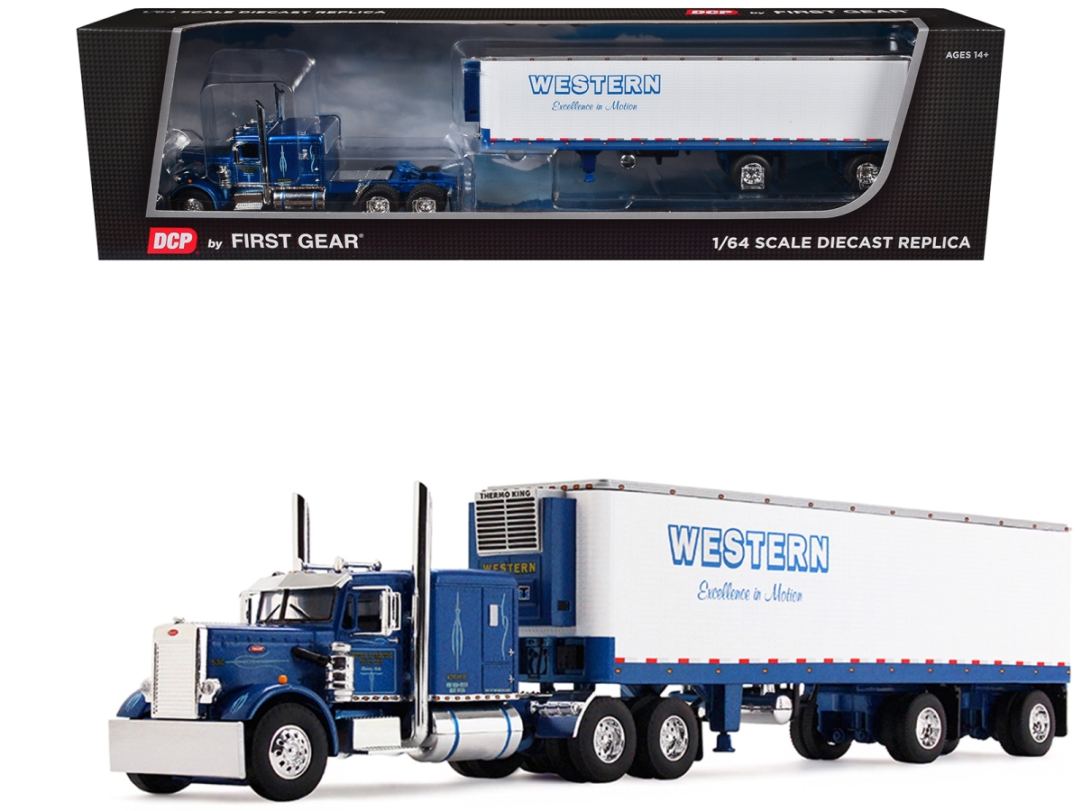 60-2285 Peterbilt 351 with 63 Flat Top Sleeper & 40 Vintage Trailer with Reefer Western Distributing Blue Metallic & White 1-64 Scale Diecast Model