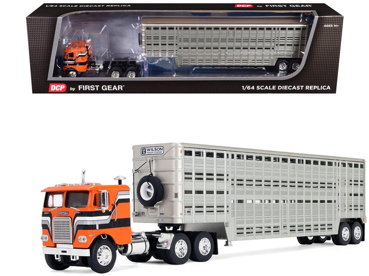 60-2290 45 ft. Freightliner COE & Wilson Orange with Stripes 1-64 Scale Diecast Model Vintage Livestock Trailer