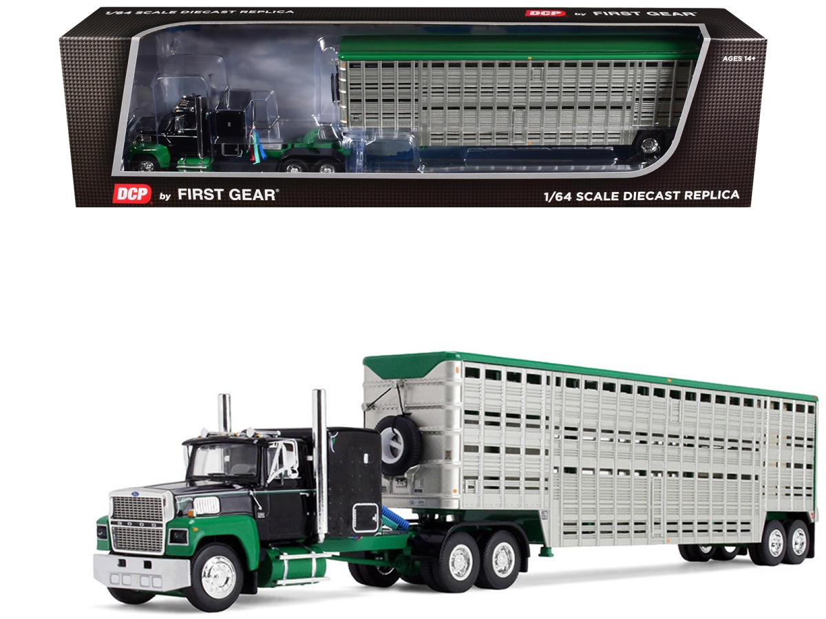 60-2294 60 in. Ford LTL 9000 with Flat Top Sleeper & 45 ft. Wilson Black & Green 1-64 Scale Diecast Model Vintage Livestock Trailer