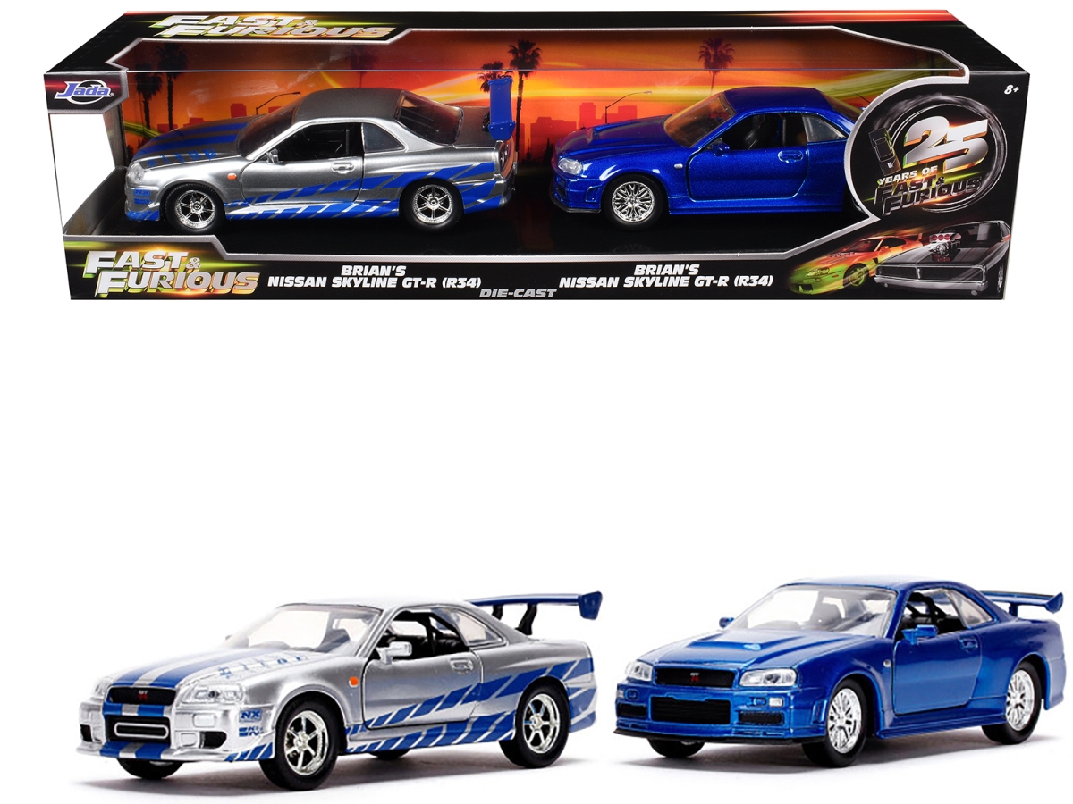 Jada  Brians Skyline GT-R BNR34 Silver with Blue Stripes & Nissan Metallic 25 Years of Fast & Furious Series 1-32 Scale Diecast Model Car - 2 Piece