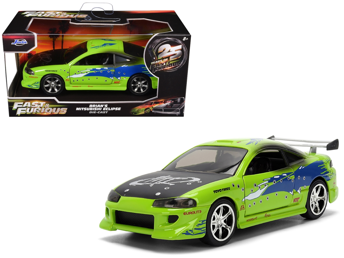 Jada 36356-25TH Brians Mitsubishi Eclipse Green with Graphics Damaged Version 25 Years of Fast & Furious 2001 Movie 1-32 Scale Diecast Model Car