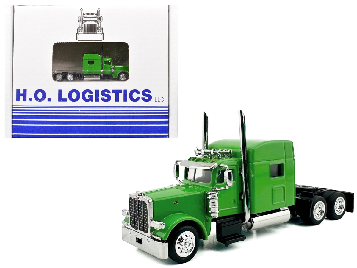 HL-38904-489 Peterbilt 389 Truck Tractor with Sleeper Cab Lime Green & Low Boy Flatbed Trailer Black Combo Set 1-87 HO Scale Plastic Model Car