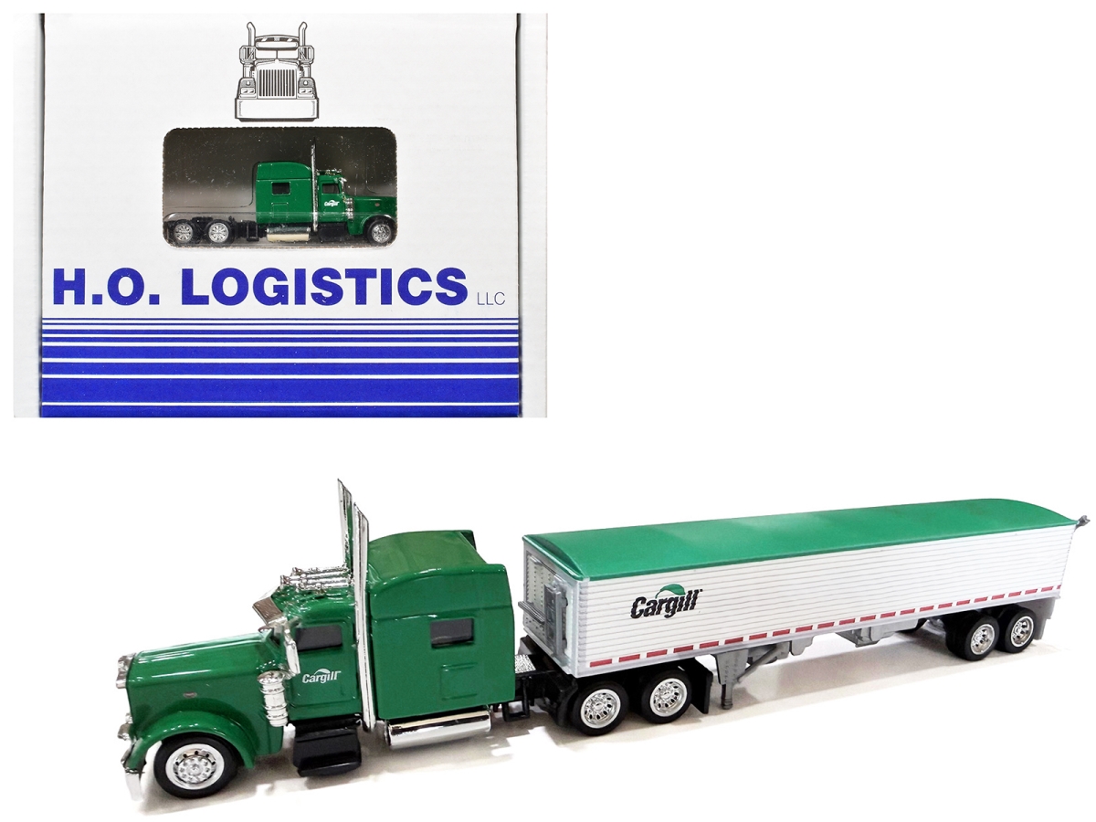 Peterbilt 389 Truck Tractor with Sleeper Cab Cargill Covered Grain Trailer White with Green Tarp Combo Set 1-87 HO Scale Plastic Model Car
