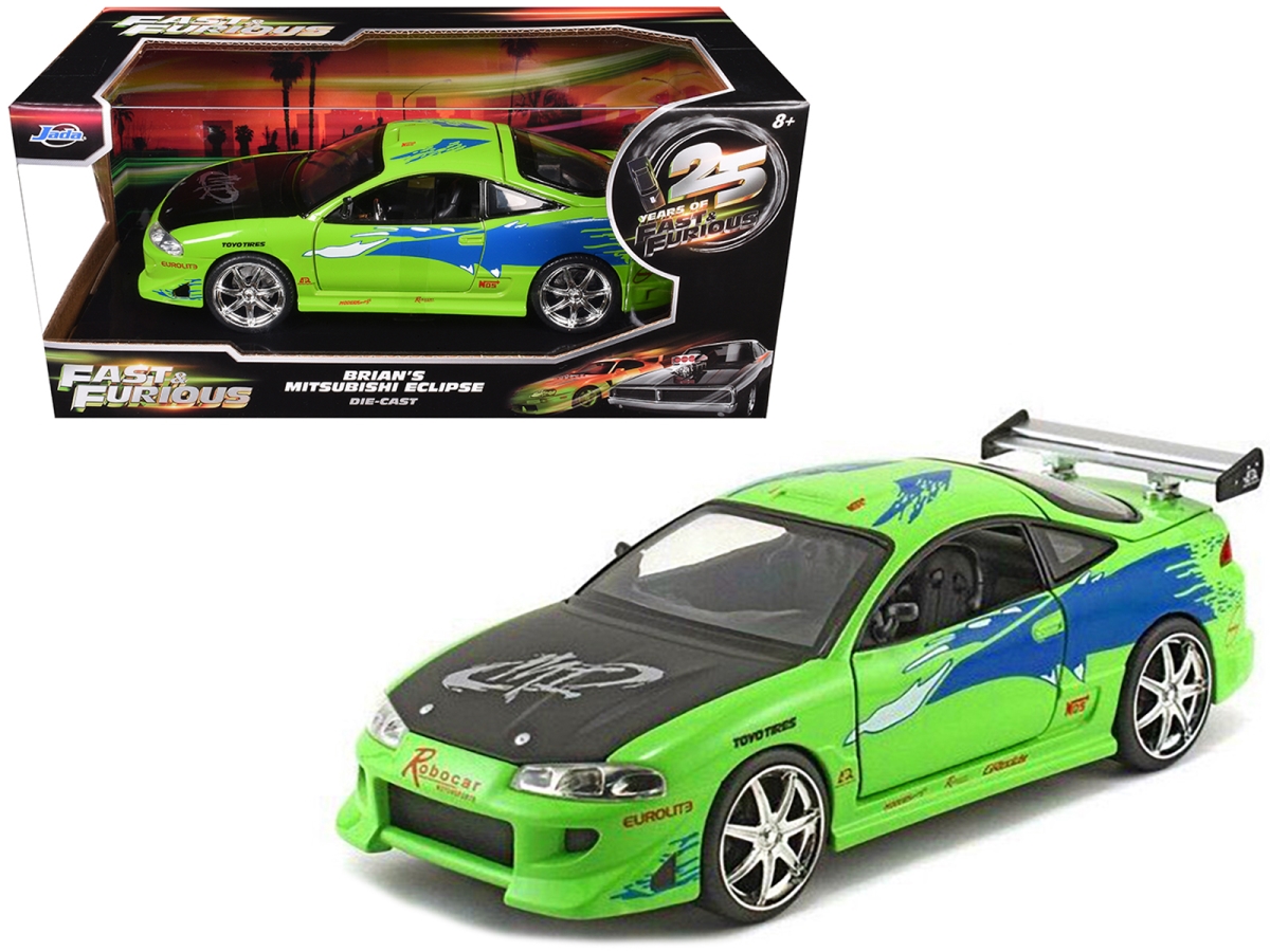 Jada 97603-25TH Brians Mitsubishi Eclipse Green with Black Hood & Graphics 2001 Movie 25 Years of Fast & Furious Series 1-24 Scale Diecast Model Car