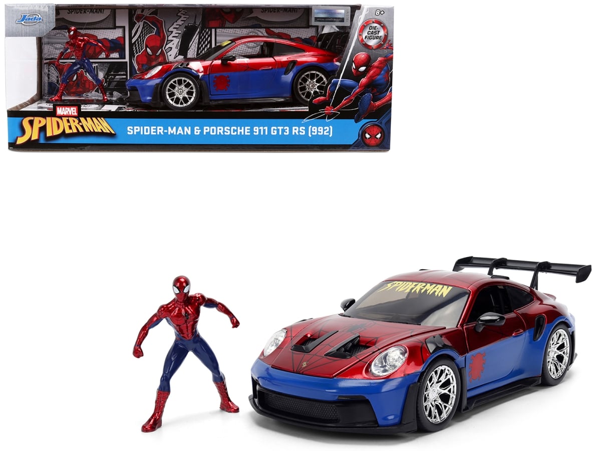 Jada 37442 Porsche 911 GT3 RS 992 Red & Blue with Graphics & Figure Marvel Spider-Man Hollywood Rides Series 1-24 Scale Diecast Model Car