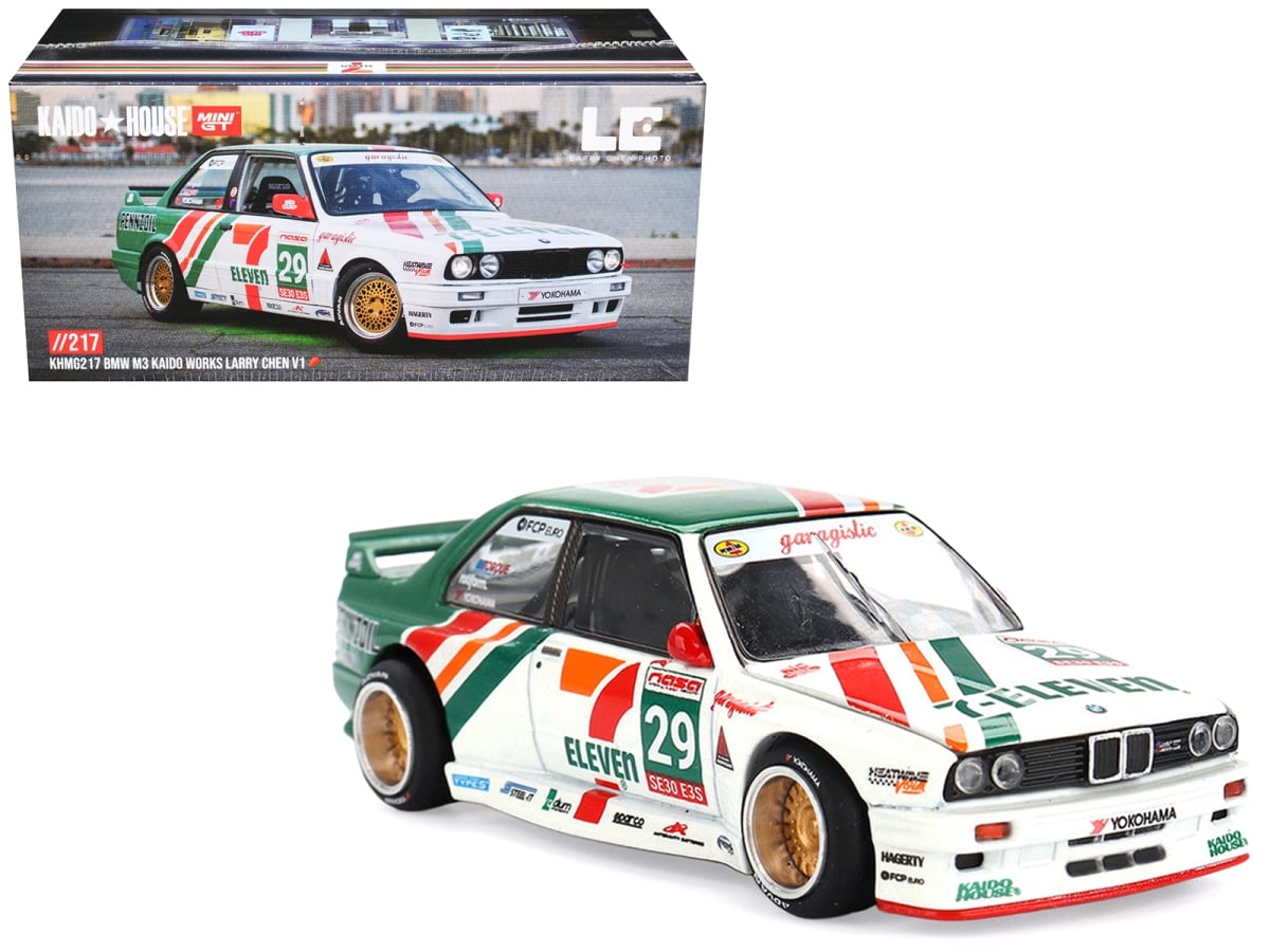 KHMG217 BMW M3 Works Larry Chen V1 No.29 7-Eleven White & Green with Graphics Designed by Jun Imai Kaido House Special 1-64 Scale Diecast Model Car