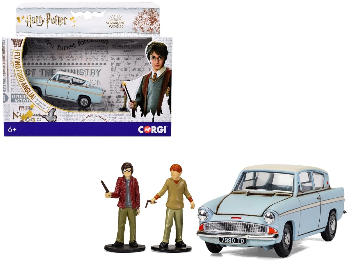 Corgi CC99725 Flying Ford Anglia Right Hand Drive Light Blue with White Top Weathered with Harry & Ron Harry Potter Movie Series Diecast Model Figure