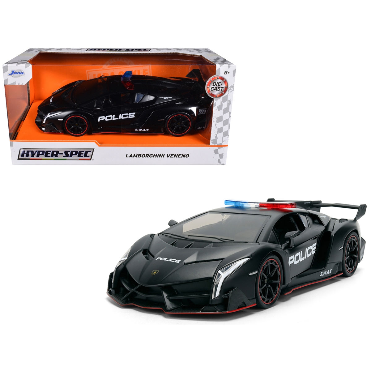 Jada 37756 Lamborghini Veneno Police Matt Black Hyper-Spec Series 1-24 Scale Diecast Model Car