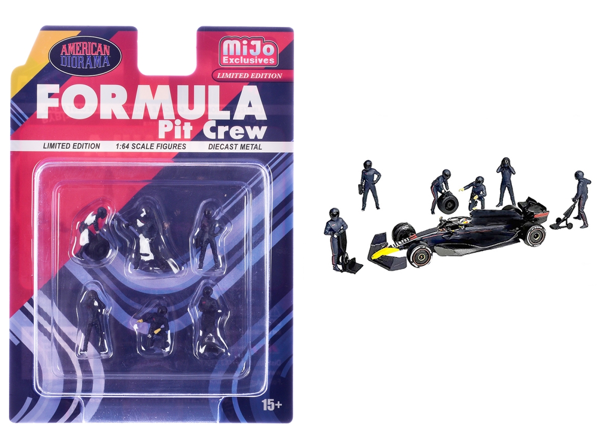 AD-2442MJ Formula Pit Crew Team Blue Diecast Figure Set with Limited Edition for 1-64 Scale Model - 6 Piece