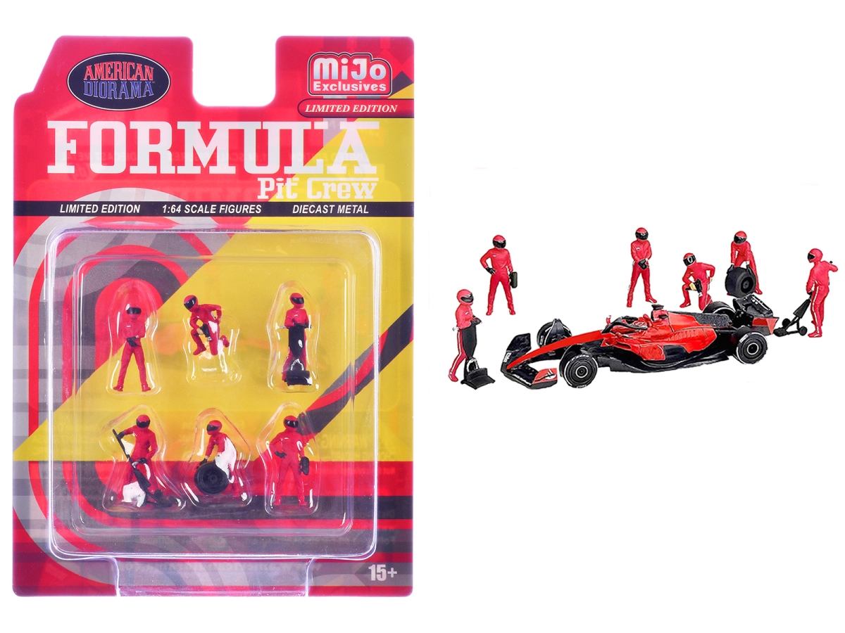AD-2443MJ Formula Pit Crew Team Red Diecast Figure Set with Limited Edition for 1-64 Scale Model - 6 Piece