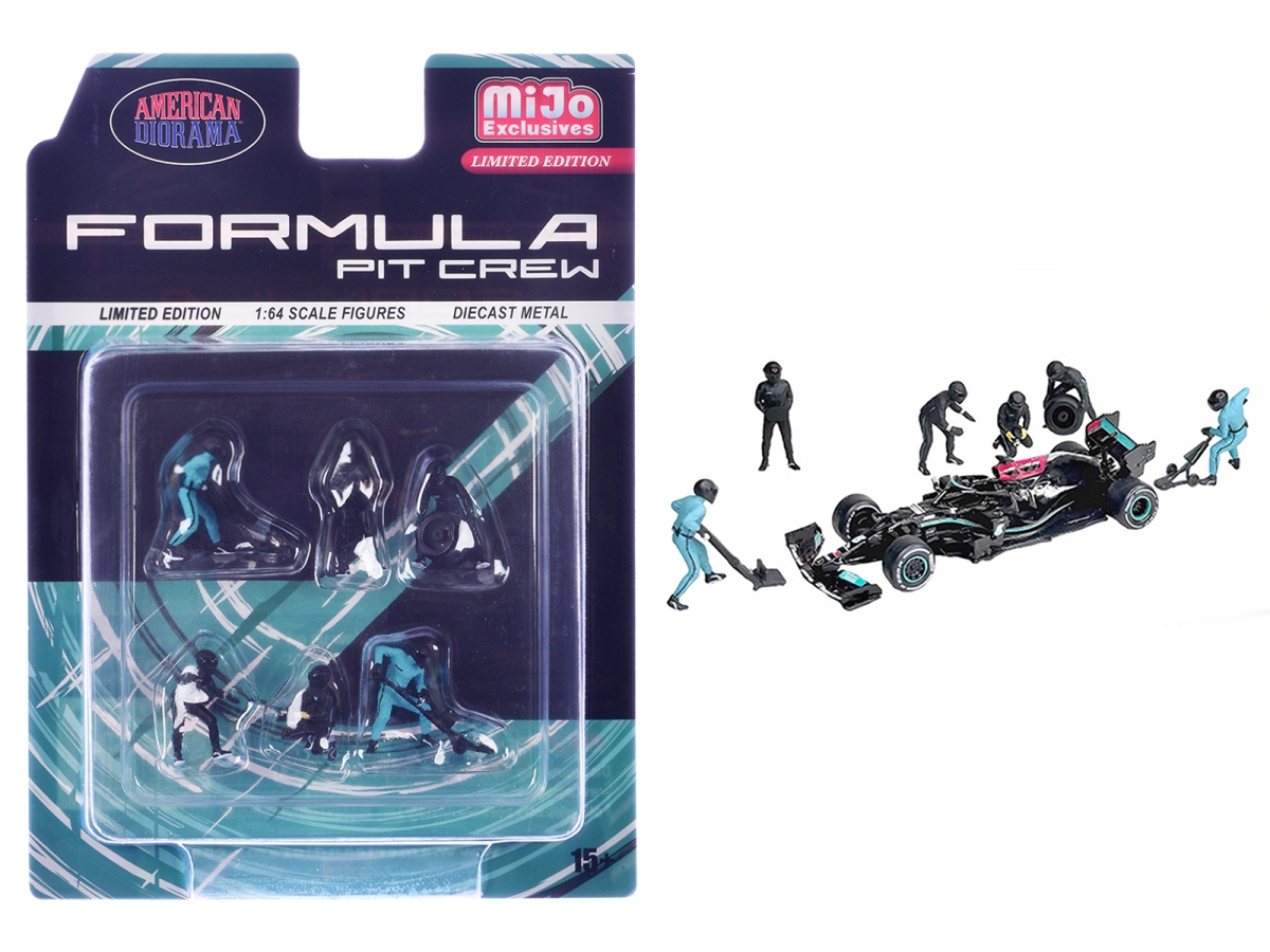 AD-2444MJ Formula Pit Crew Team Black Diecast Figure Set with Limited Edition for 1-64 Scale Model - 6 Piece