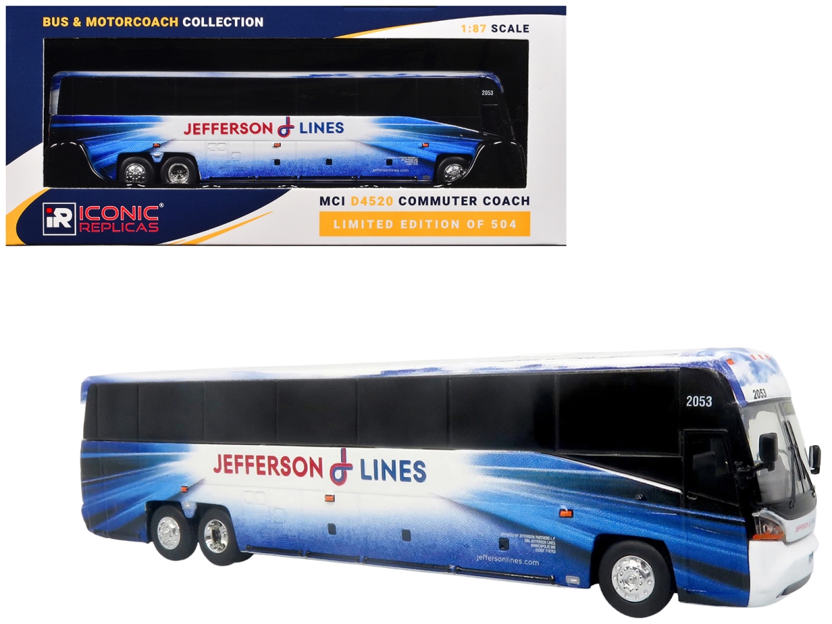 87-0651 MCI D4520 Jefferson Lines White with Blue Graphics Limited Edition to 504 Piece Worldwide 1-87 Ho Scale Diecast Model Commuter Coach Bus