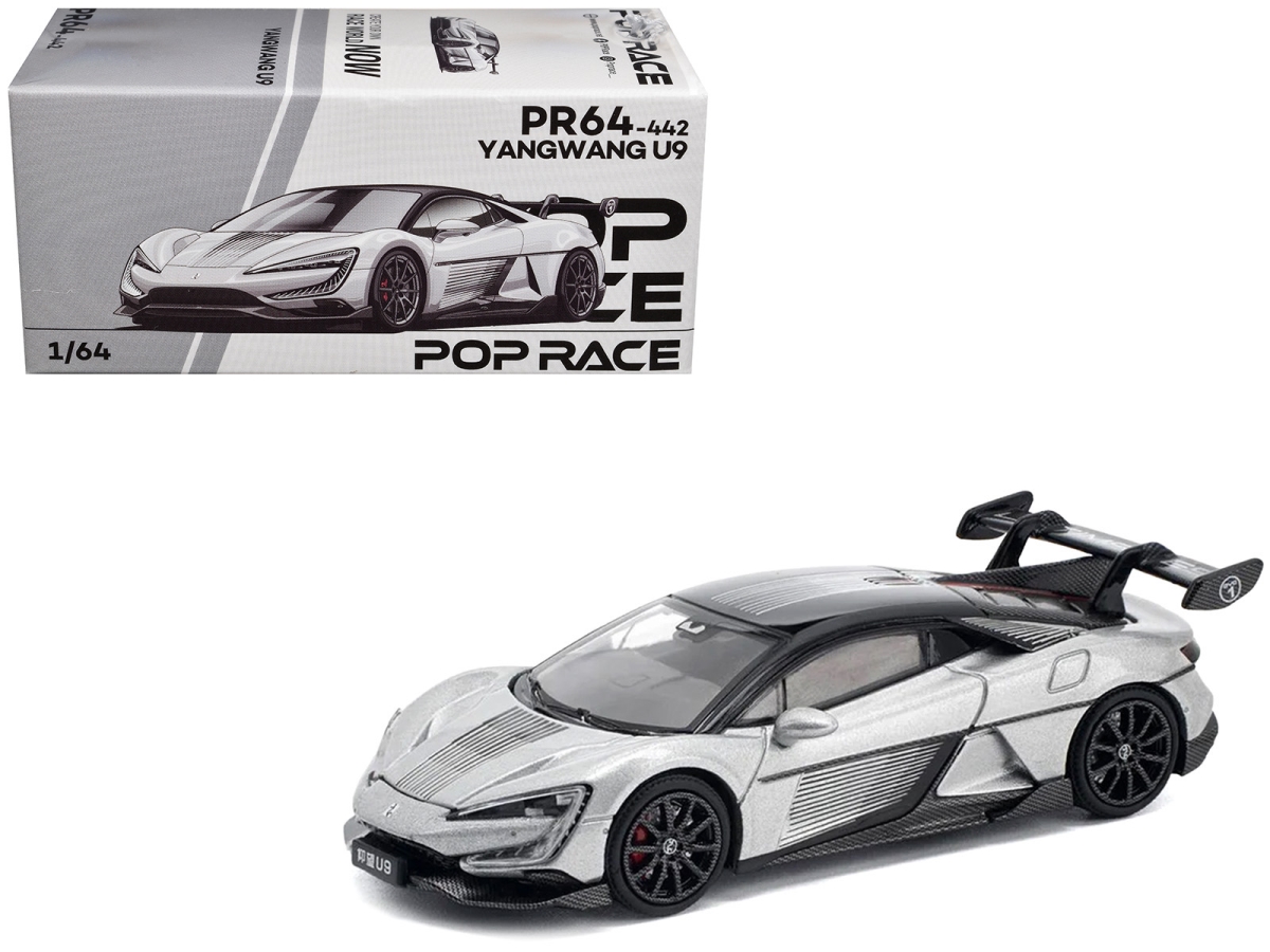 PR640442 Yangwang U9 Silver Metallic with Black Top & Stripes 1-64 Scale Diecast Model Car