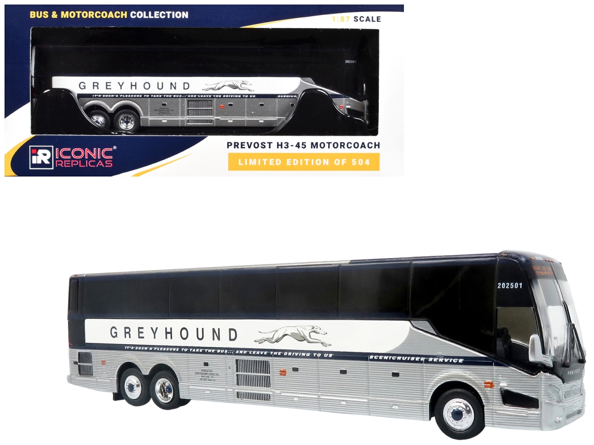 87-0659 Prevost H3-45 Greyhound Scenicruiser Service White & Raw Metal Limited Edition to 504 Piece Worldwide 1-87 Ho Scale Diecast Model Coach Bus