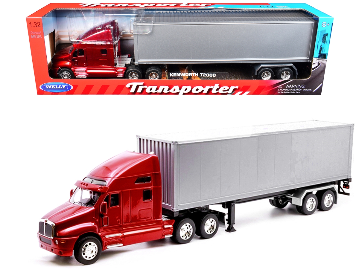 32211W-RD Kenworth T2000 Red Metallic Truck with Gray Container Transporter Series 1-32 Scale Diecast Model