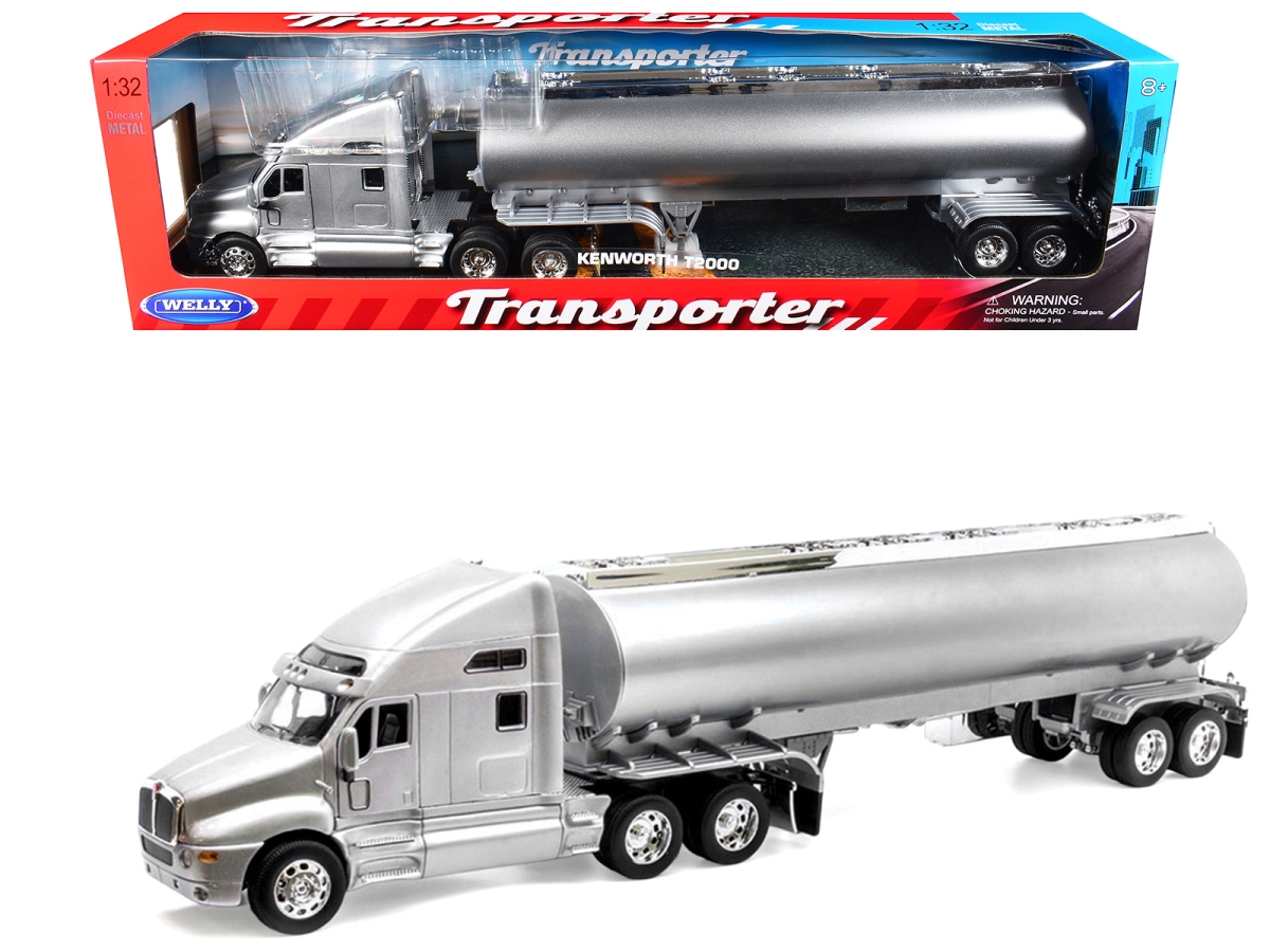 32212W-SIL Kenworth T2000 Silver Metallic Truck with Silver Tanker Trailer Transporter Series 1-32 Scale Diecast Model