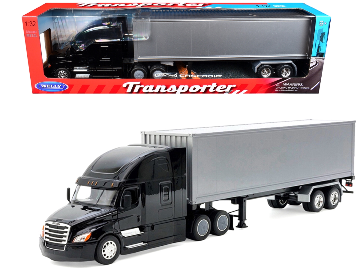 32696W-BKA Freightliner Black Cascadia Truck with Silver Container Transporter Series 1-32 Scale Diecast Model
