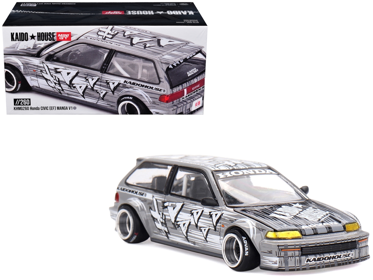 KHMG260 Honda Civic EF Manga V1 Gray Metallic with Graphics Designed by Jun Imai Kaido House Special 1-64 Scale Diecast Model Car