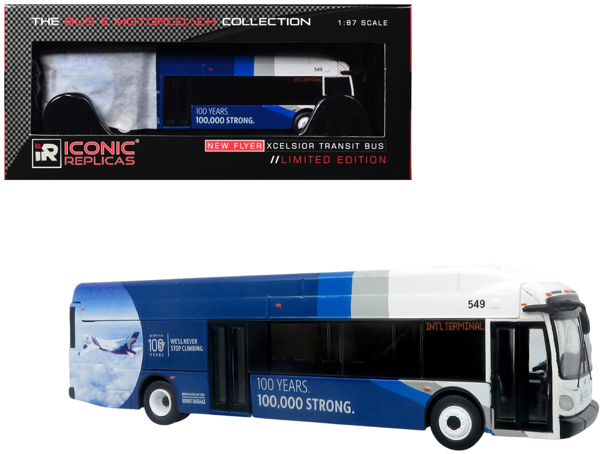 87-0679 Flyer Xcelsior XN40 Delta Air Lines 100th Anniversary Blue & White with Graphics Limited Edition 1-87 Ho Scale Diecast Model Transit Bus