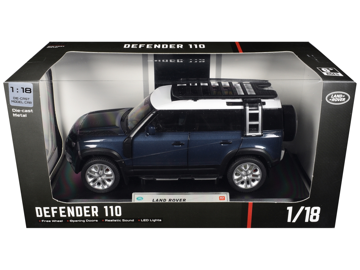 Q1002A-BL Land Rover Defender 110 Blue Metallic with White Top & Roof Rack 1-18 Scale Diecast Model Car
