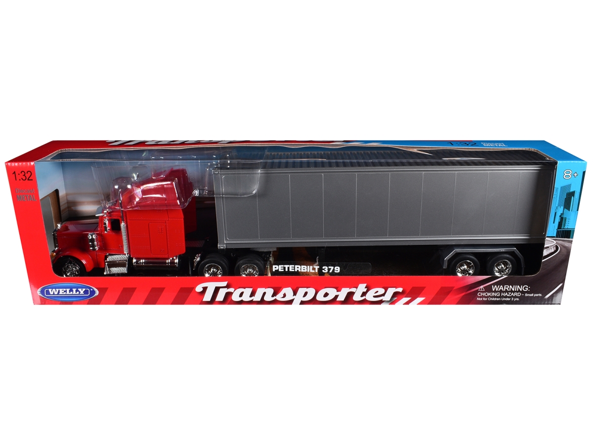 39941W-RD Peterbilt 379 Red Truck with Silver Container Transporter Series 1-32 Scale Diecast Model