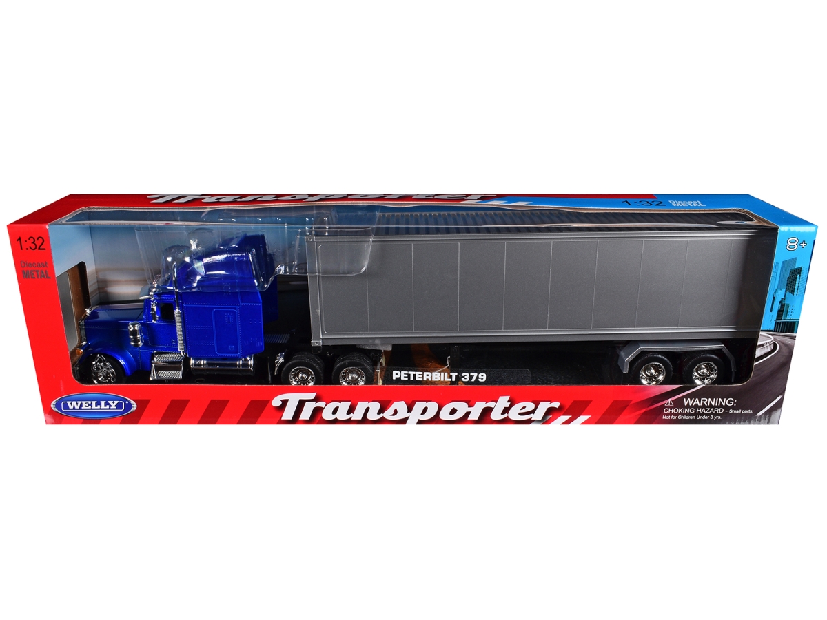 39941W-BL Peterbilt 379 Blue Metallic Truck with Silver Container Transporter Series 1-32 Scale Diecast Model
