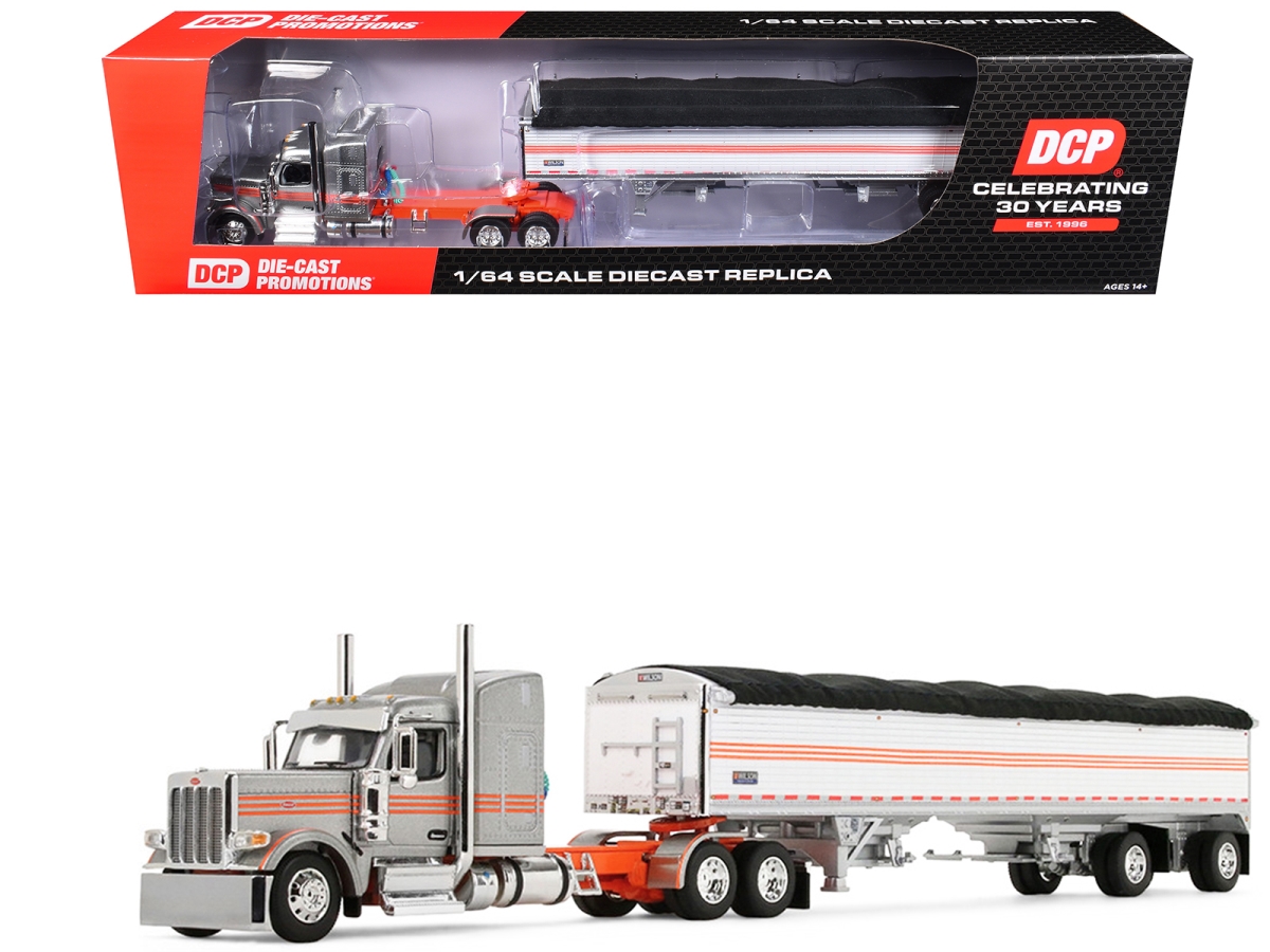 Peterbilt 589 with 58 in. Mid-Roof Sleeper & 50 ft. Wilson Pacesetter Grain Silver Metallic with Orange Stripes 1-64 Scale Diecast Model Trailer
