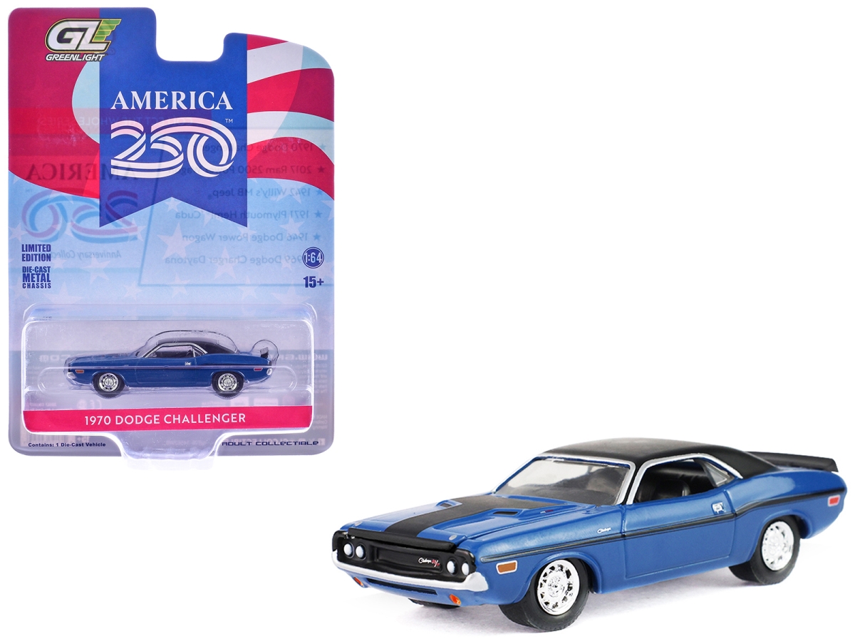 28180A 1970 Dodge Challenger Blue with Black Top America 250 Edition Anniversary Collection Series 18 1-64 Scale Diecast Model Car