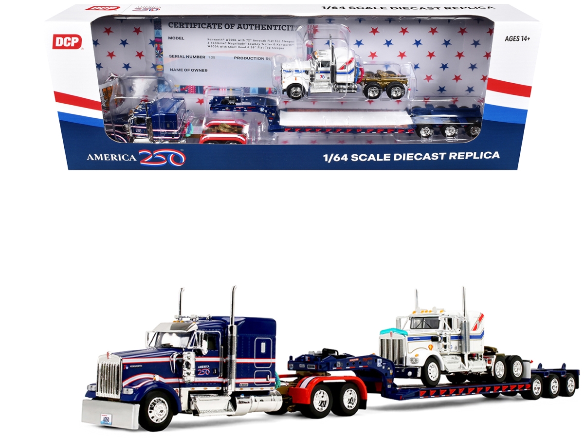 69-2311 Kenworth W900L with 72 in. Aerocab Flat Top Sleeper with White Stripes Blue & Red Stripes America 250 1-64 Scale Diecast Model Trailer