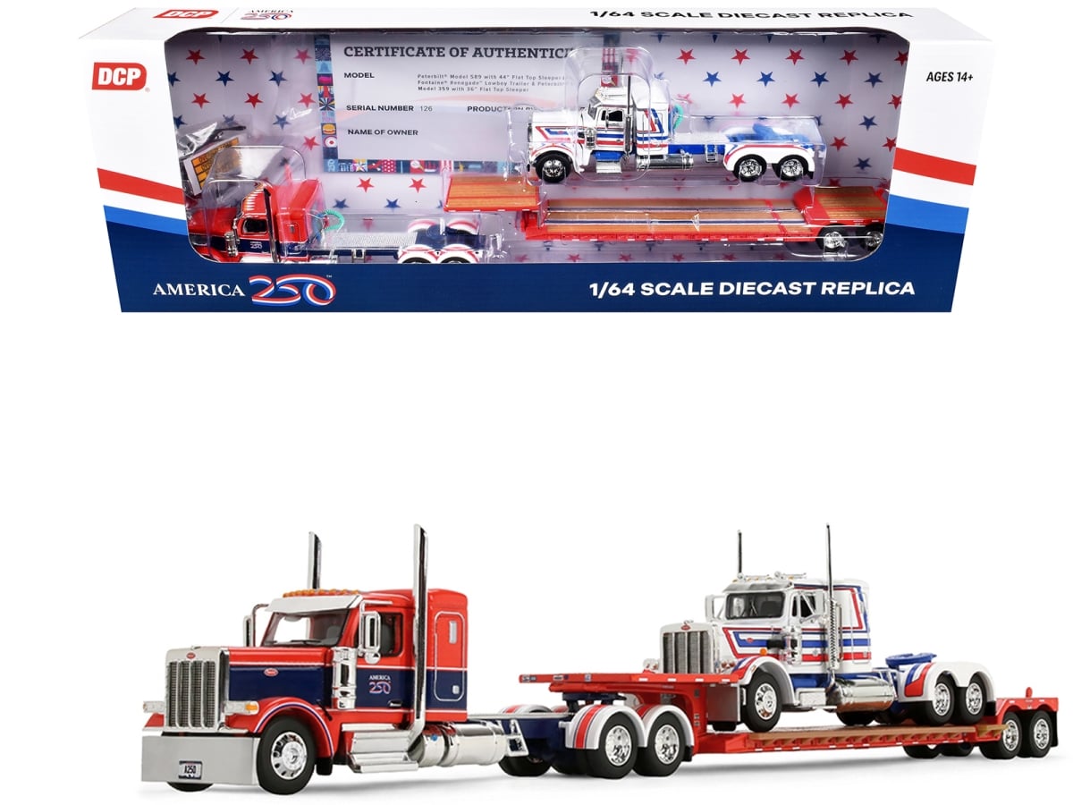 69-2348 Peterbilt 589 with 44 in. Flat Top Sleeper Red with Blue Stripes & White with Stripes America 250 1-64 Scale Diecast Model Trailer