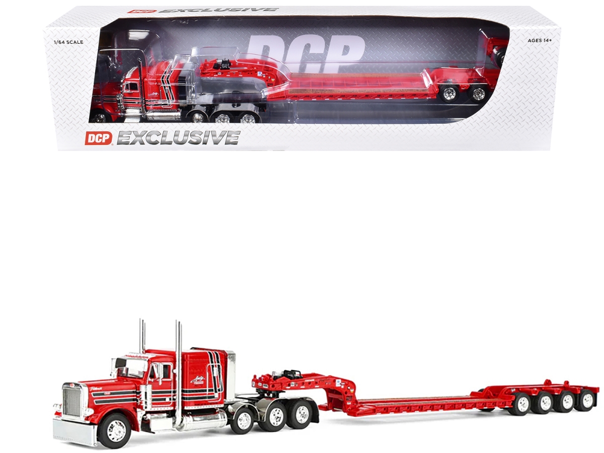 60-2355 Peterbilt 379 with 63 in. Flat Top Sleeper & Fontaine Magnitude Lowboy with Rigging Red with Black Stripes 1-64 Scale Diecast Model Trailer