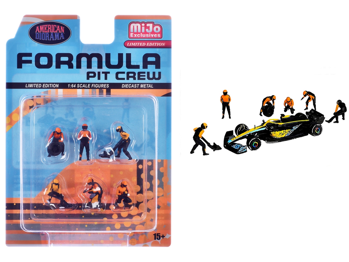 AD-2441MJ Formula Pit Crew Team Orange Diecast Figure Set with Limited Edition for 1-64 Scale Model - 6 Piece