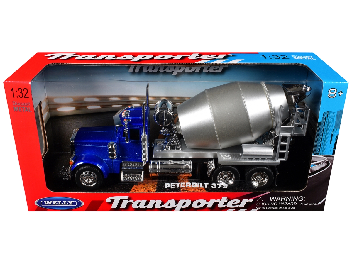39943W-BL Peterbilt 379 Blue Metallic Cement Mixer Truck with Chrome & Silver & 1-32 Scale Diecast Model