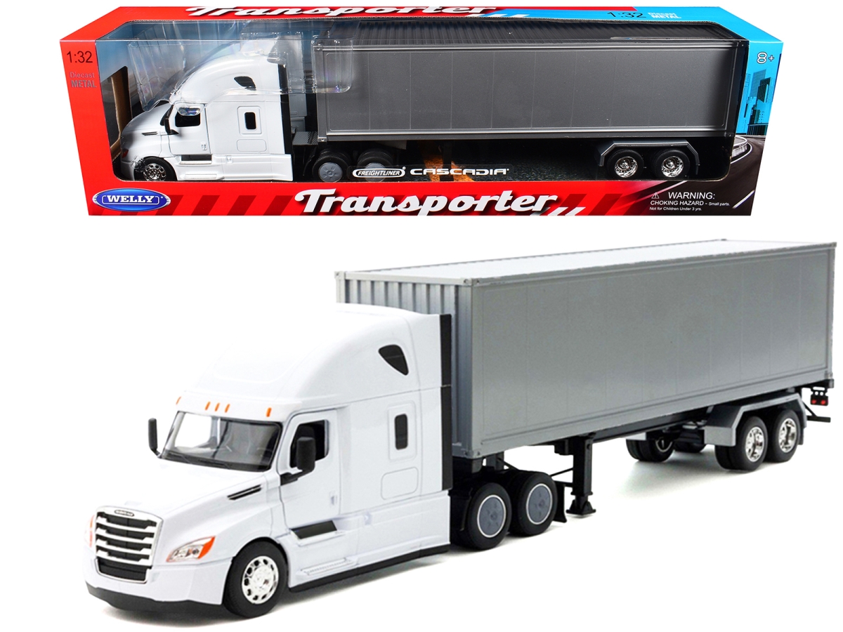 32696W-WH Freightliner White Cascadia Truck with Gray Container Transporter Series 1-32 Scale Diecast Model