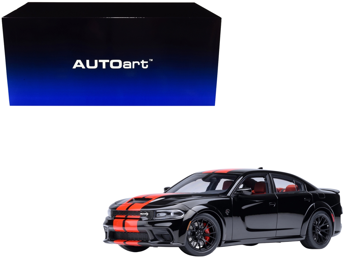 71754 Dodge Charger SRT Hellcat Redeye Pitch Black with Red Stripes & Interior 1-18 Scale Model Car